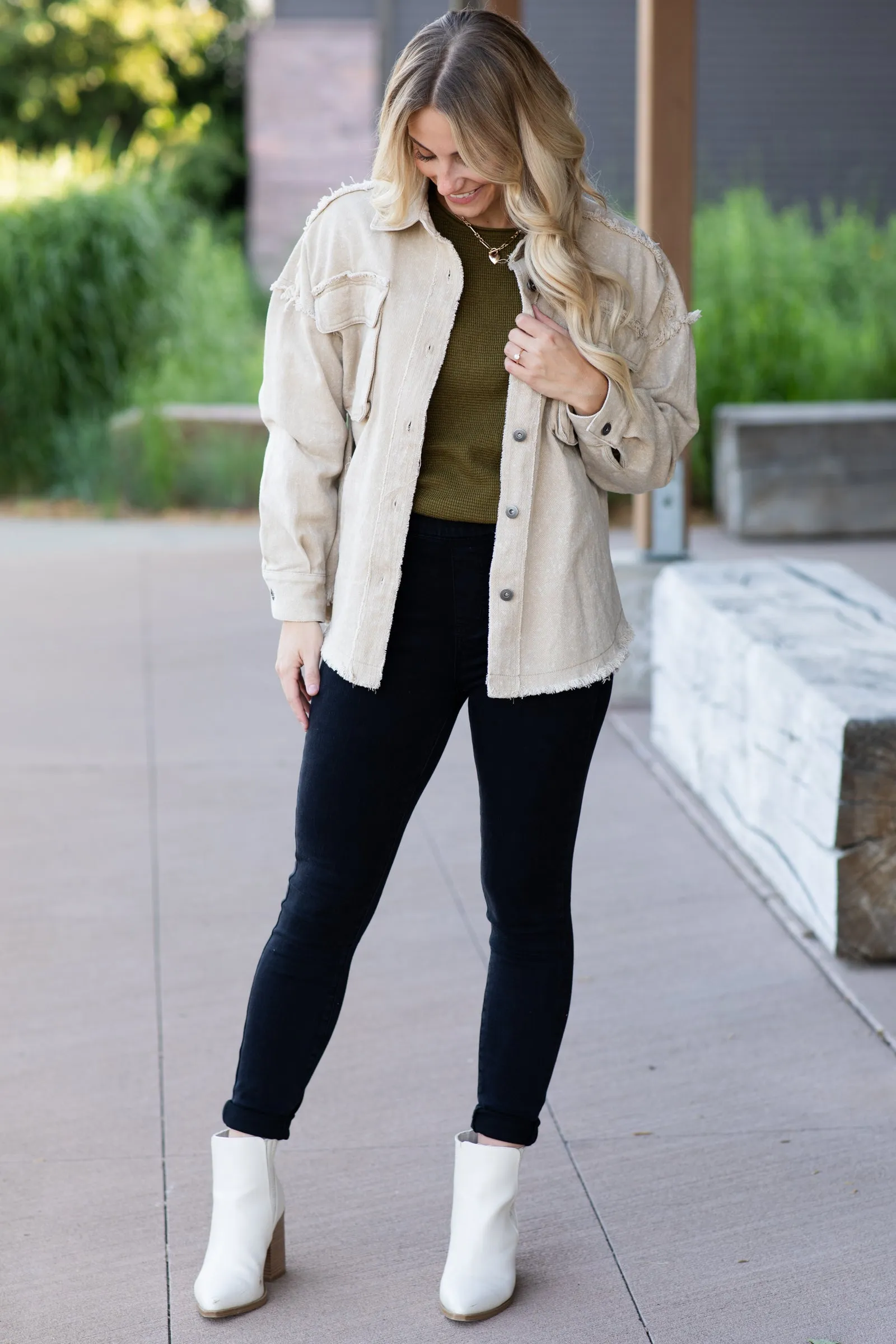 Beige Washed Oversized Denim Jacket