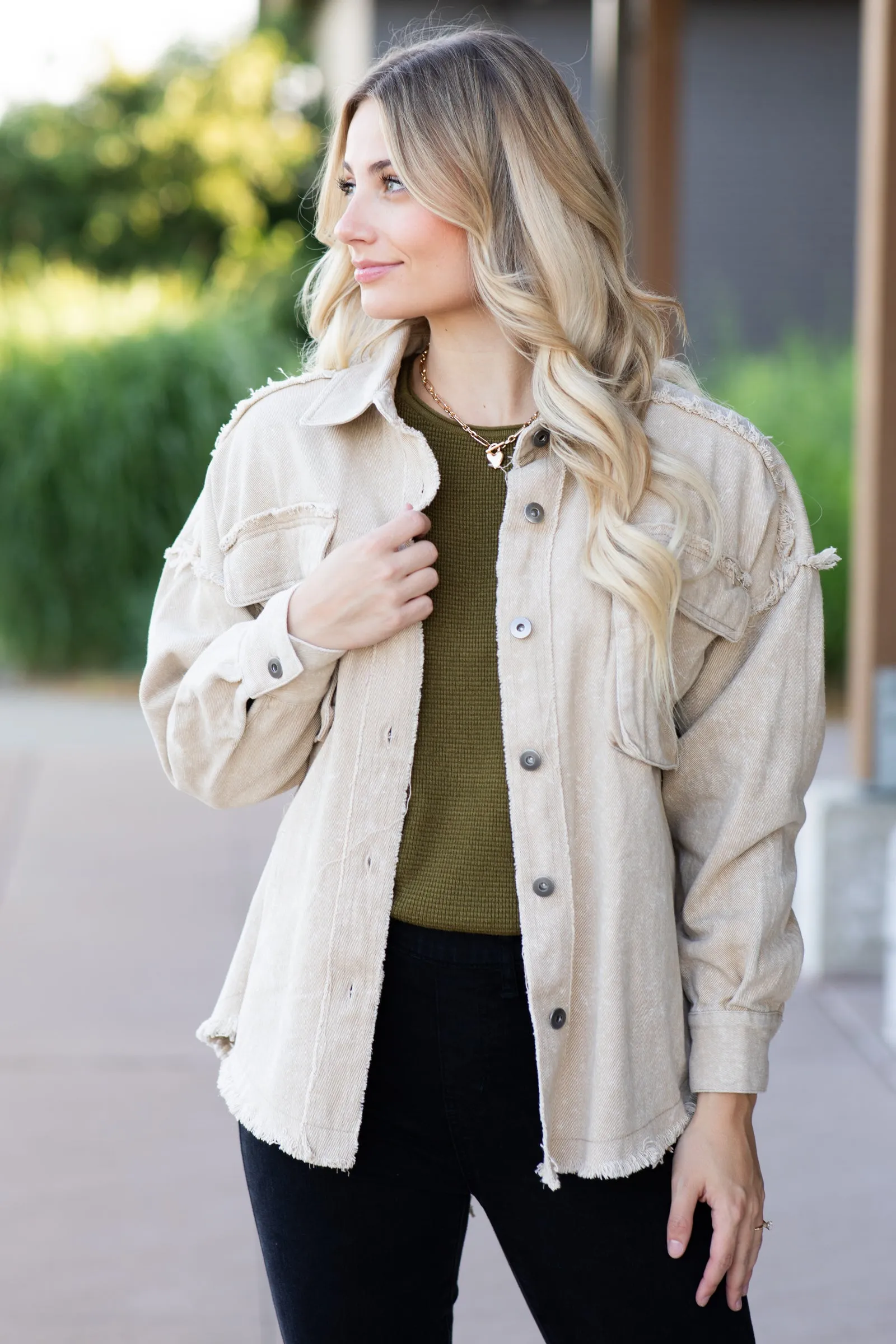 Beige Washed Oversized Denim Jacket