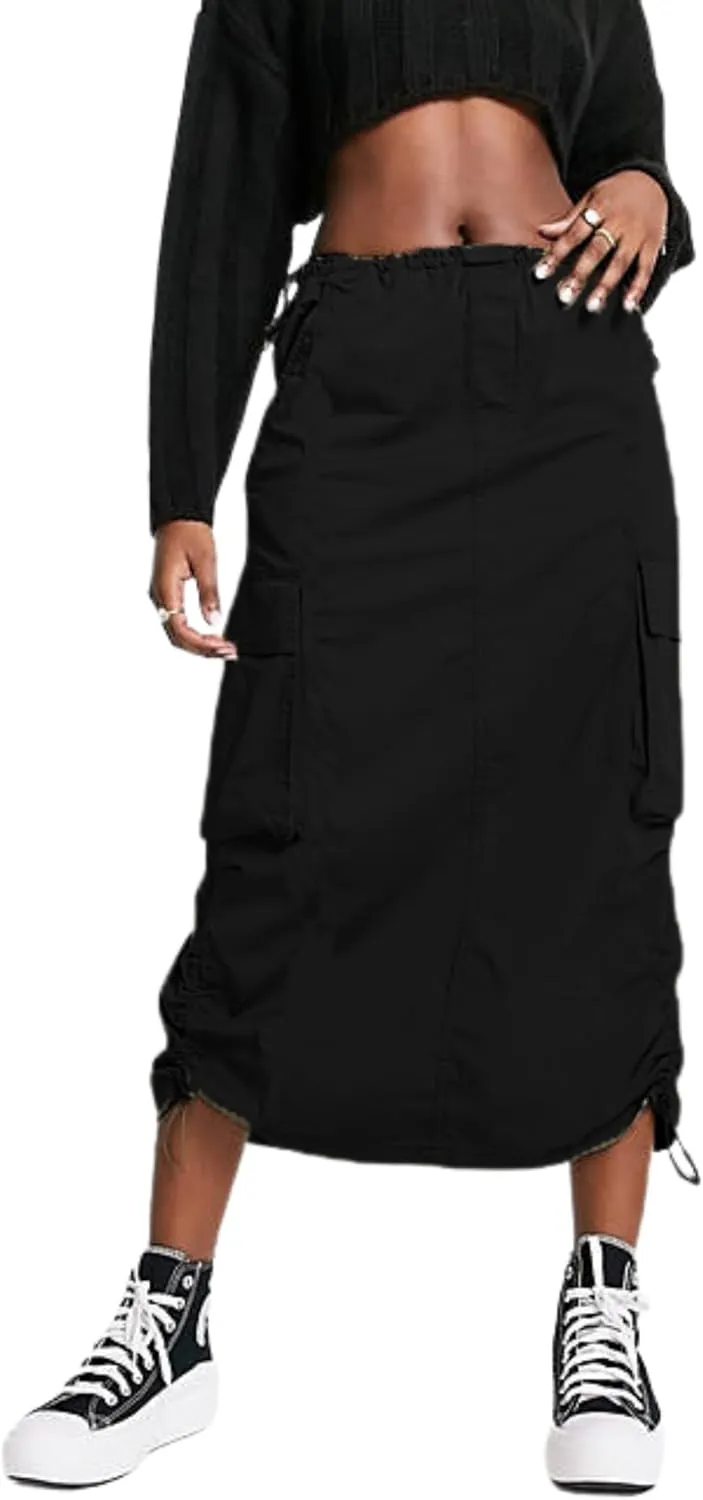 BLUEMING Women Y2k Cargo Long Skirt Low Waist Drawstring Maxi Skirt Ruched Vintage Slit Cargo Skirt with Pockets