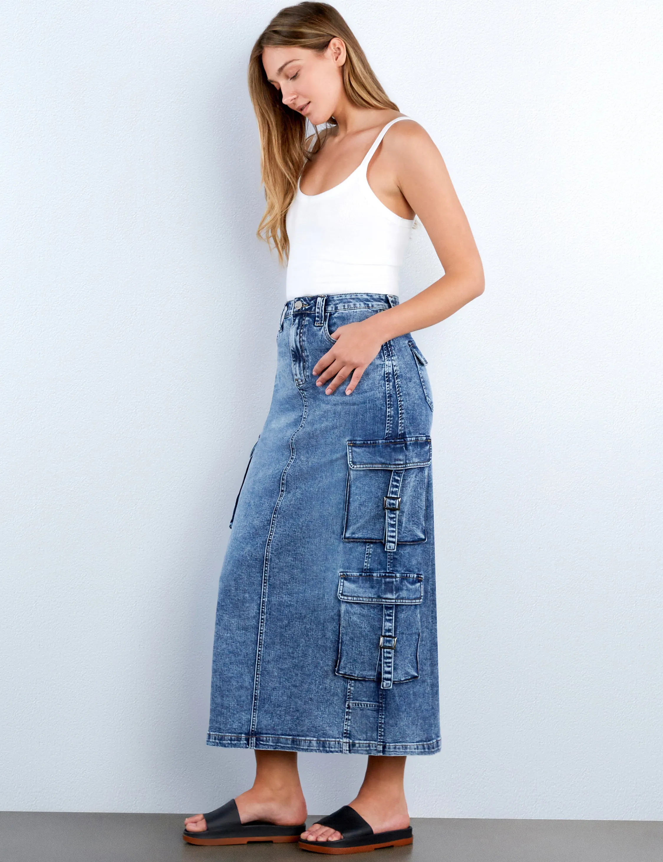 Cargo Denim Maxi Skirt