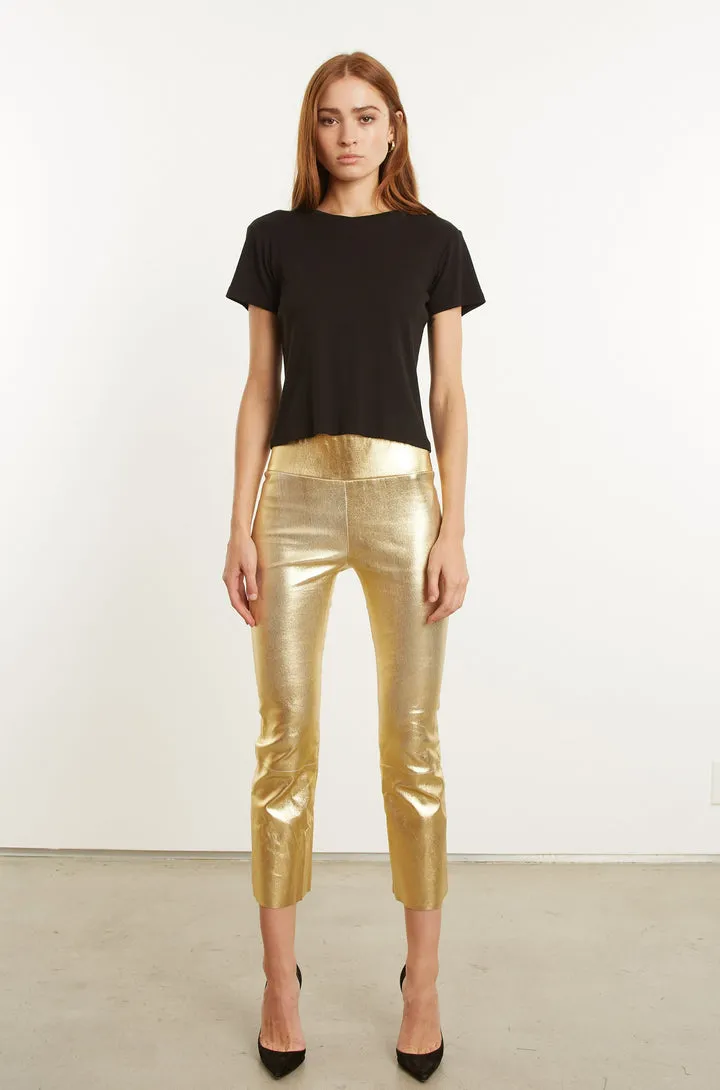 Crop Flare Leather Leggings in Gold