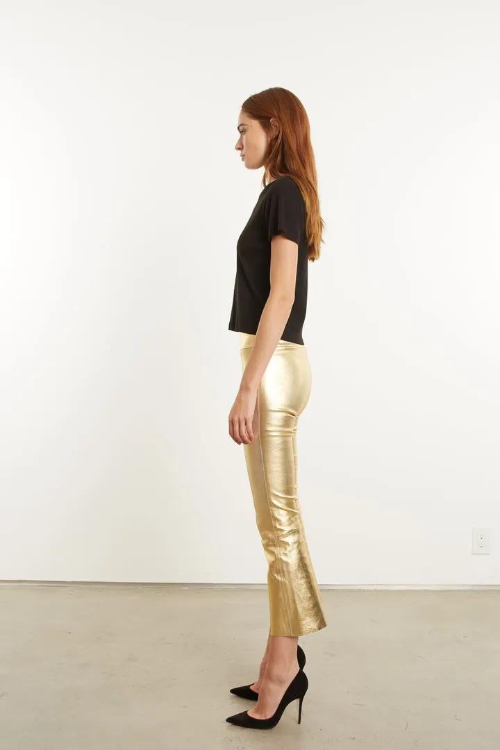 Crop Flare Leather Leggings in Gold