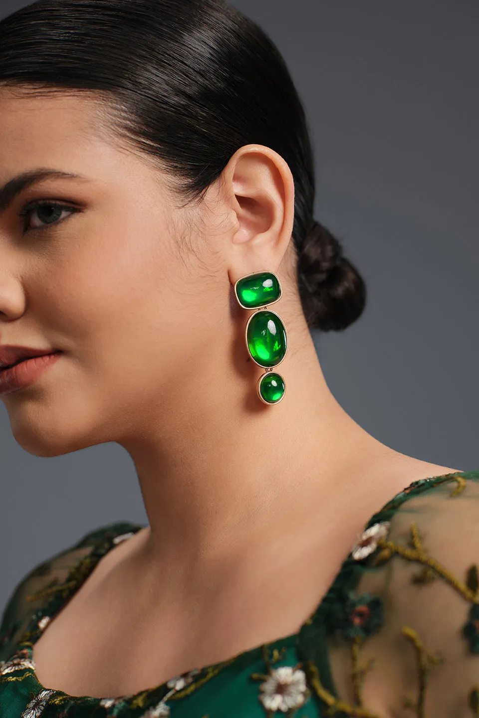 Curveins Elegant Green Gemstone Geometric Earrings