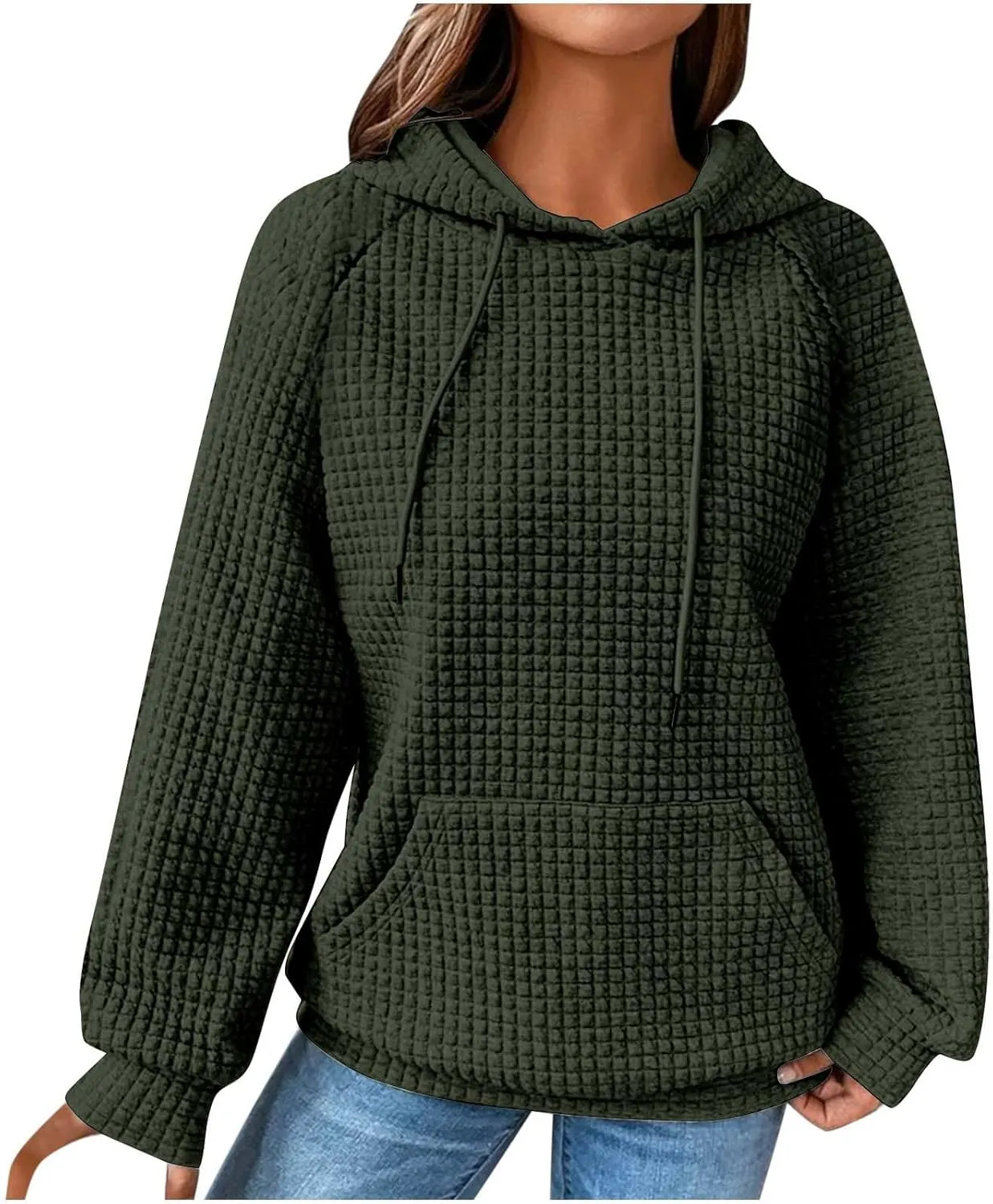 SHOPESSA Women Pullover Hoodie Sweatshirt Waffle-Knit Shacket Hooded Loose Fit Lightweight Jacket Long Sleeve Boyfriend Shirt