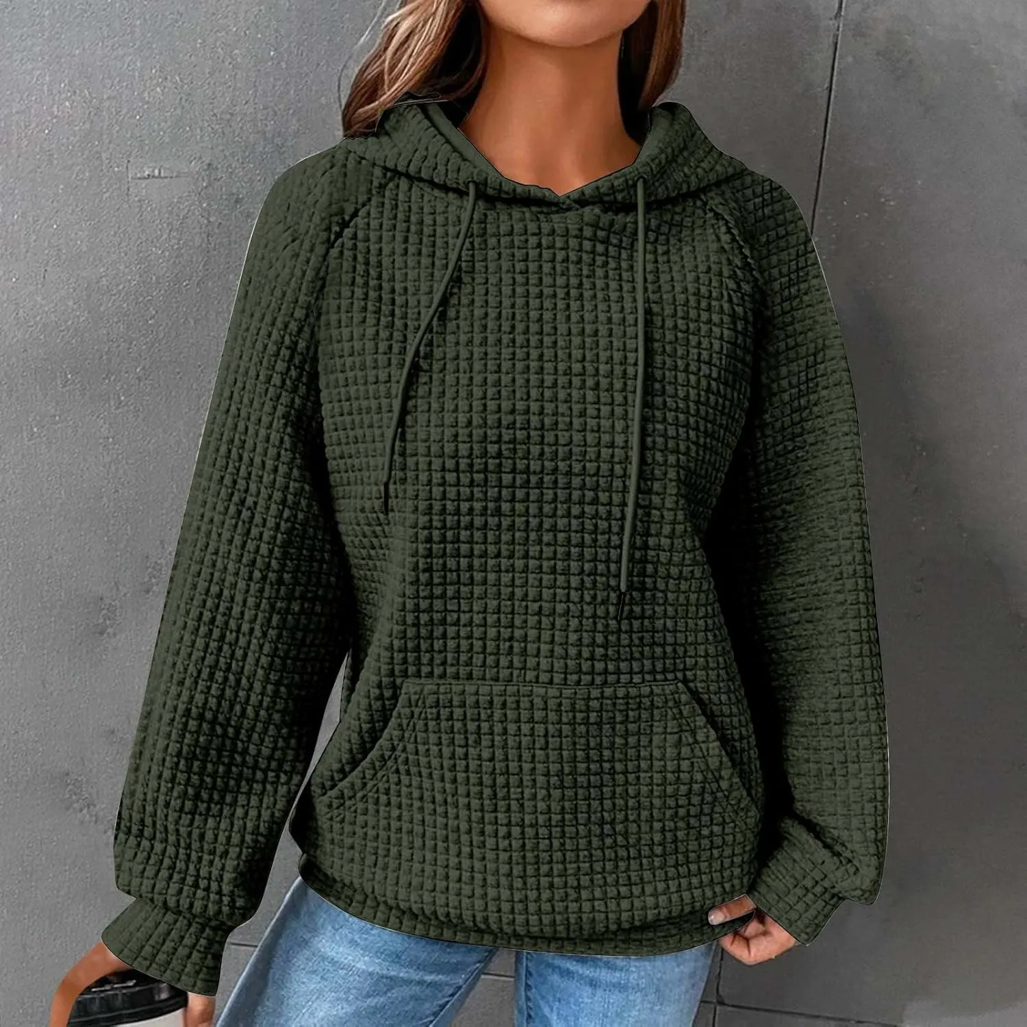 SHOPESSA Women Pullover Hoodie Sweatshirt Waffle-Knit Shacket Hooded Loose Fit Lightweight Jacket Long Sleeve Boyfriend Shirt