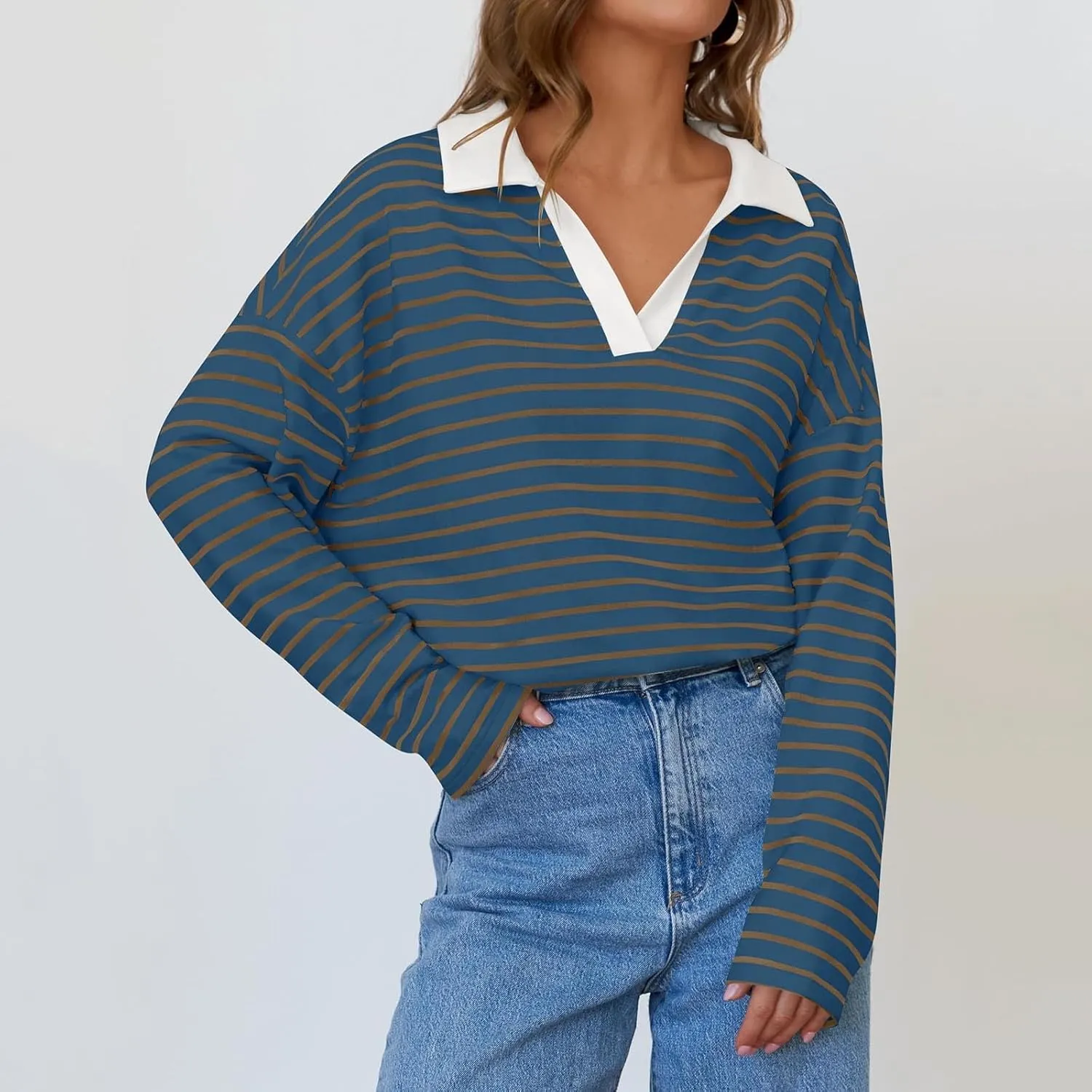 Women Fall Fashion Sweatshirts Long Sleeve V-Neck Stripe Pullover Tops Casual Oversized Fall Clothes