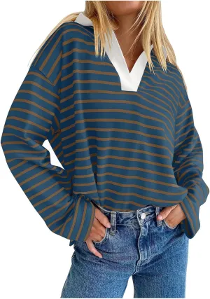 Women Fall Fashion Sweatshirts Long Sleeve V-Neck Stripe Pullover Tops Casual Oversized Fall Clothes