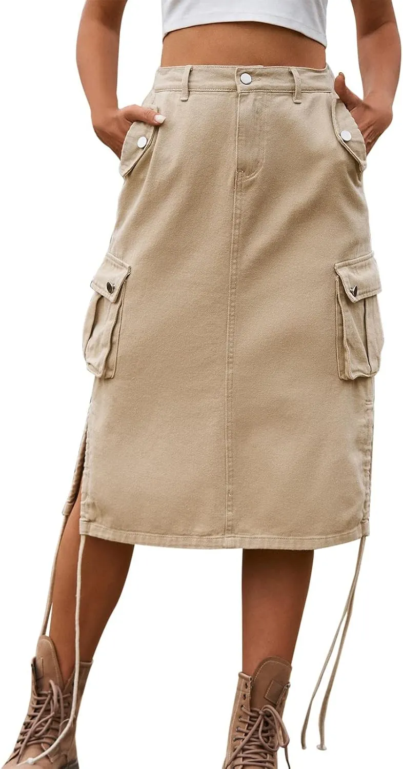 Women's Denim lace up Tooling Skirt Casual mid Length Skirt Pencil Skirts for Women Plus Size Midi Skirts (Khaki-1, M)
