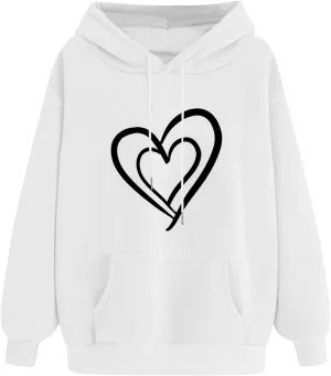 Women's Graphic Hoodies Classic Heart Print Sweatshirt Oversized Valentine's Day Drawstring Pullover with Pockets