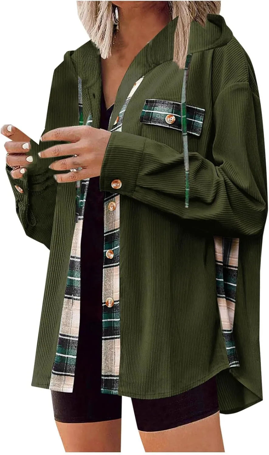 Womens Oversized Corduroy Shacket Plaid Jackets Flannel Hoodie Button Down Long Sleeve Shirts Tops Cute Fall Outfits