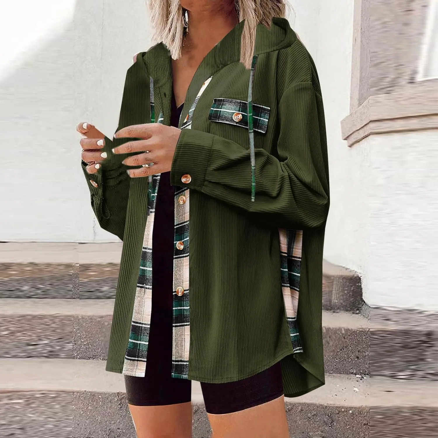 Womens Oversized Corduroy Shacket Plaid Jackets Flannel Hoodie Button Down Long Sleeve Shirts Tops Cute Fall Outfits