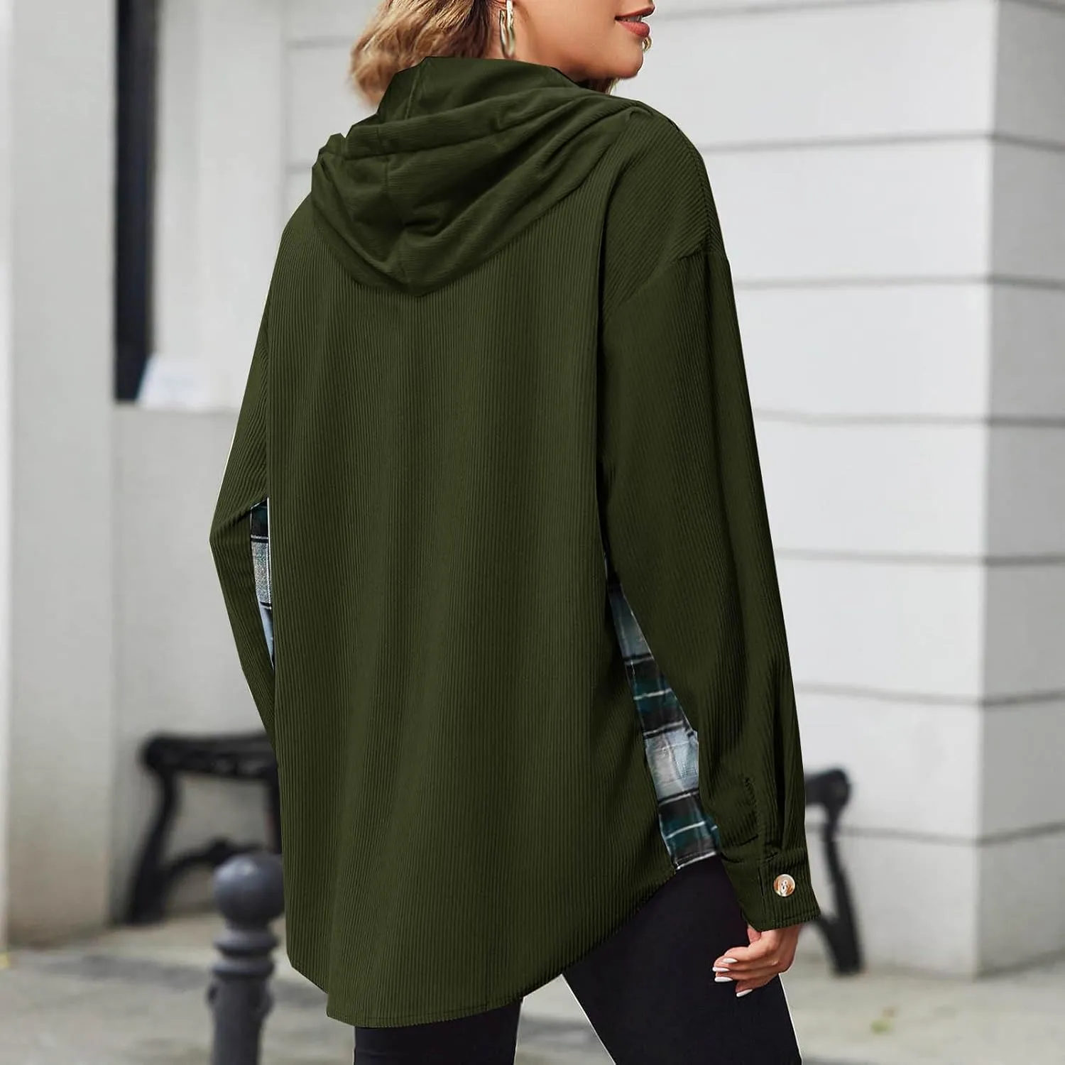 Womens Oversized Corduroy Shacket Plaid Jackets Flannel Hoodie Button Down Long Sleeve Shirts Tops Cute Fall Outfits
